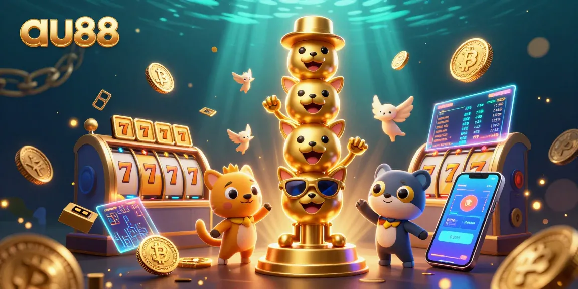 Engage in exciting gameplay at au88 with vibrant slot reels and glowing crypto coins.