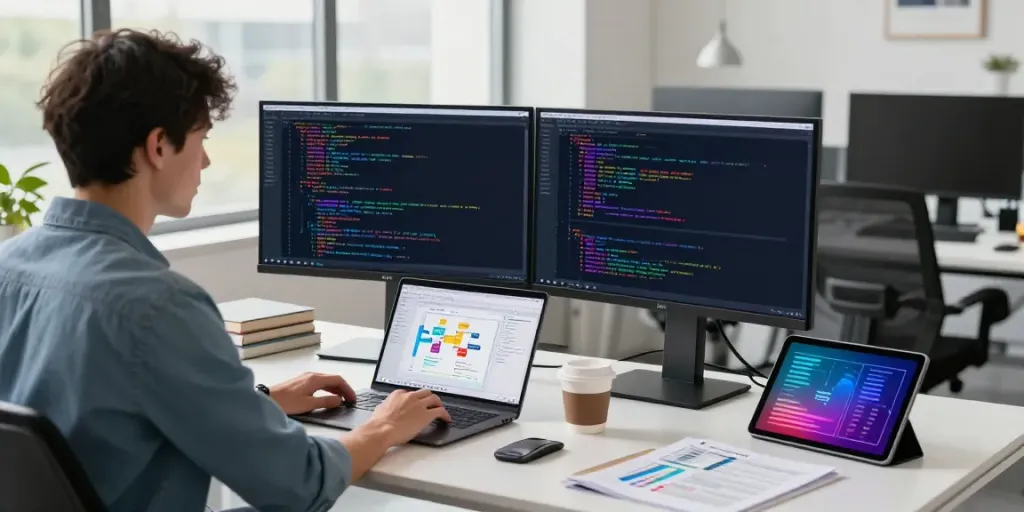 Engineer coding AI algorithms in a modern tech workspace, showcasing the essence of Enterprise AI innovation.