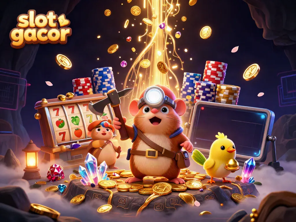 Menangkan slot gacor dengan karakter penambang dan petunjuk jackpot yang menarik dalam ilustrasi ceria