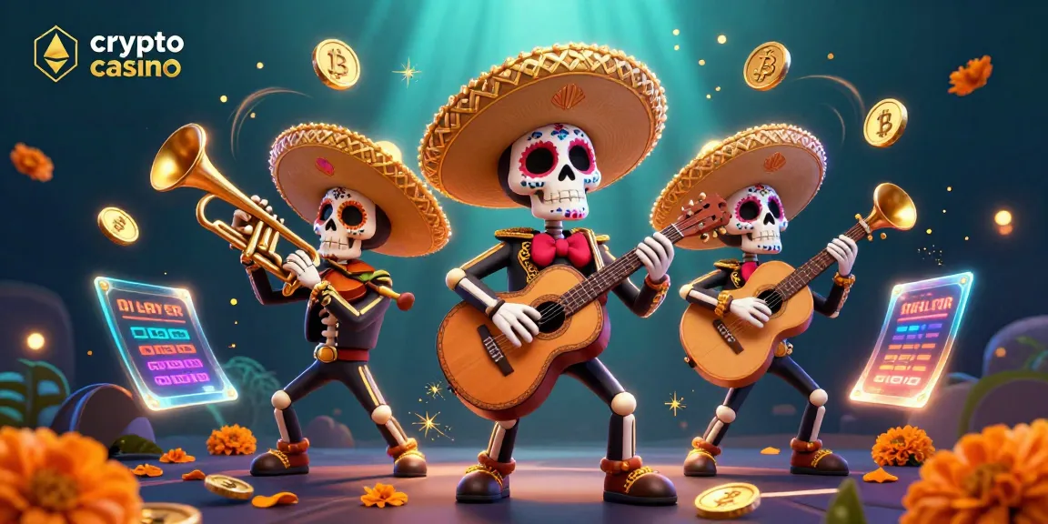 Gioca nel crypto casino e porta a casa premi dorati con questa illustrazione vivace di un gruppo musicale ispirato al Dia de los Mortos.