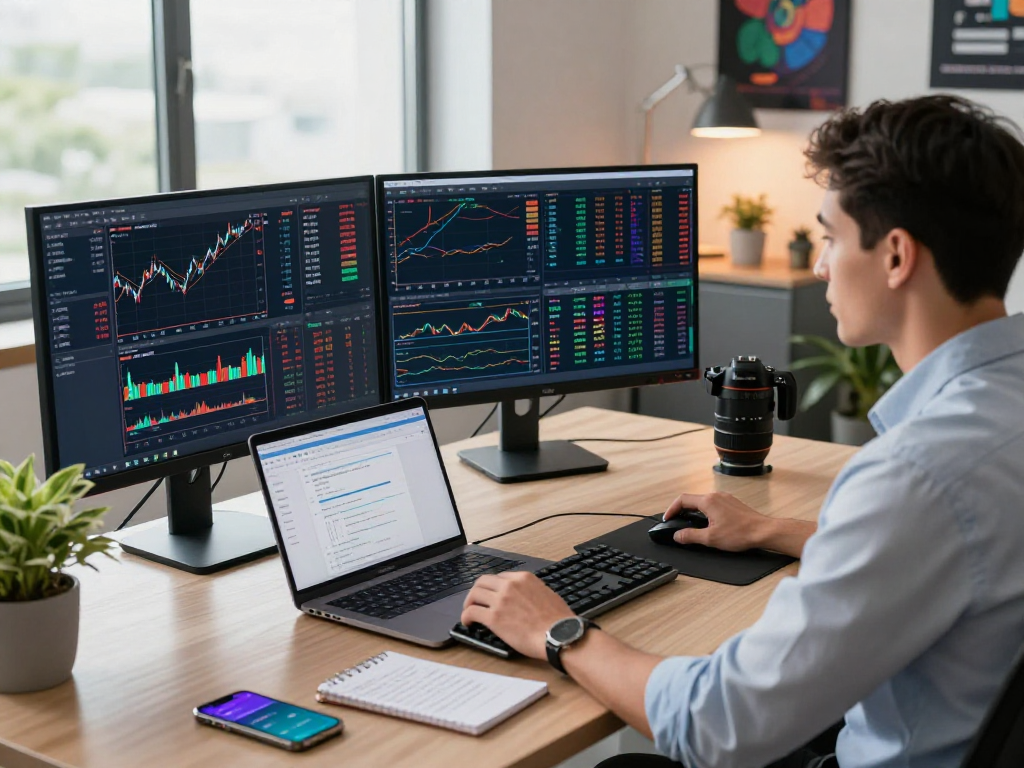 Focused trader analyzing TradingView charts in a modern workspace, showcasing real-time financial data.