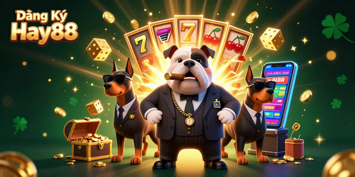 Engage in thrilling gambling action at Đăng Ký Hay88 with vibrant 3D casino illustration featuring a slot machine, gold coins, and mafia dog.