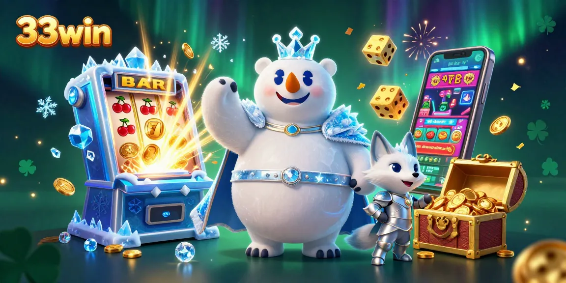 Experience the excitement of 33win with a jackpot scene featuring vibrant casino elements and engaging characters.