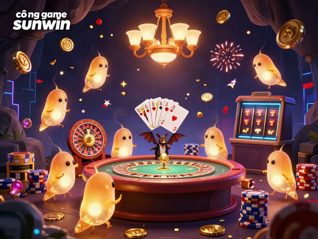 Experience the excitement of cổng game sunwin in a vibrant cave casino scene filled with light and action.