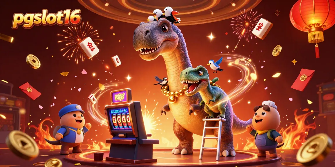 Engage in thrilling gameplay with pgslot16 as a giant dinosaur oversees fun slot action.