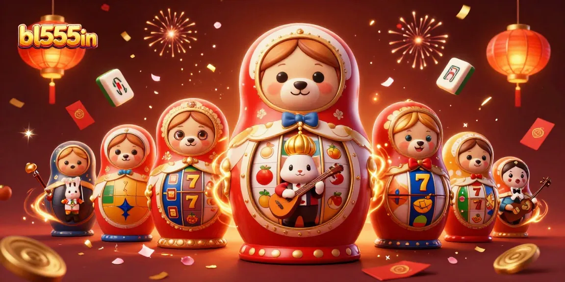 Engage with bl555in's vibrant online casino scene featuring animated characters celebrating with slot reels and festive elements.