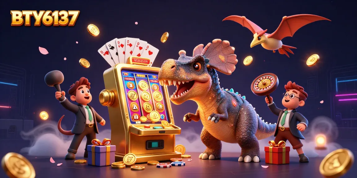 BTY6137 features a pachycephalosaurus winning jackpot coins beside a panicked ankylosaur manager.