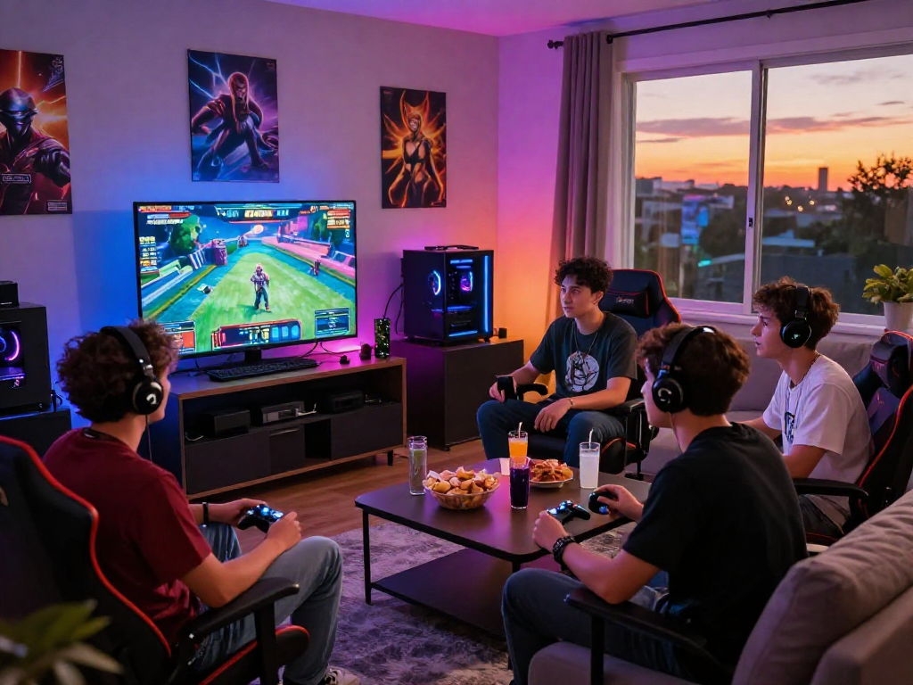 Friends engaged in an intense slot88 gaming session in a vibrant living room.