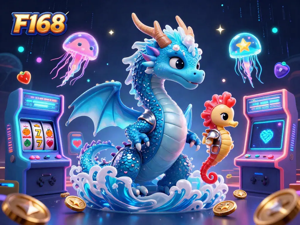 Experience thrilling gameplay with F168's colorful casino illustration featuring iconic gaming elements.