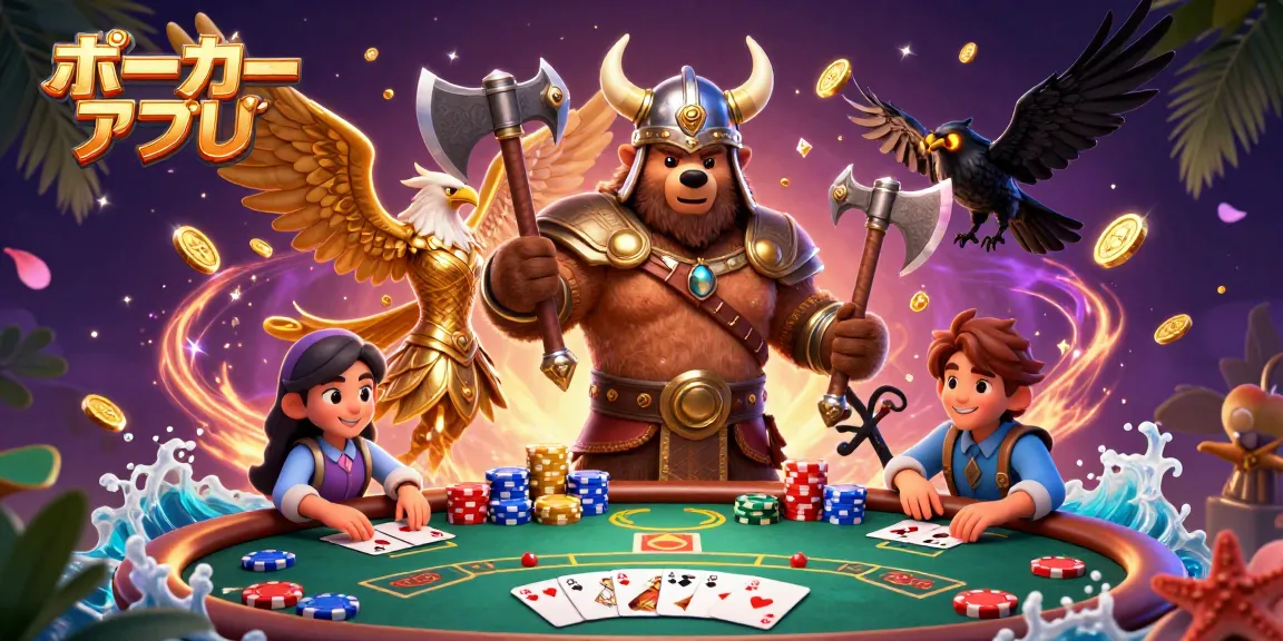 ポーカーアプリを使ったダイナミックなシーンで、リアルなポーカー体験を楽しむイラスト。
