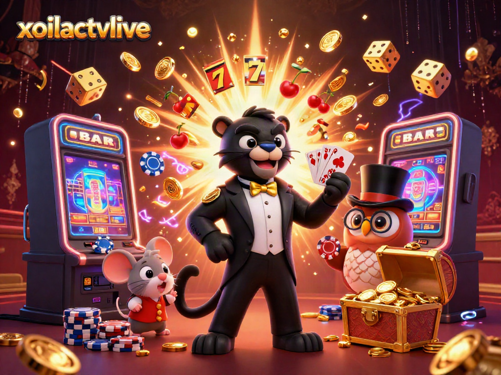 Experience the thrill of xoilactvlive with a vibrant scene of cartoon characters engaged in a lively gambling atmosphere.
