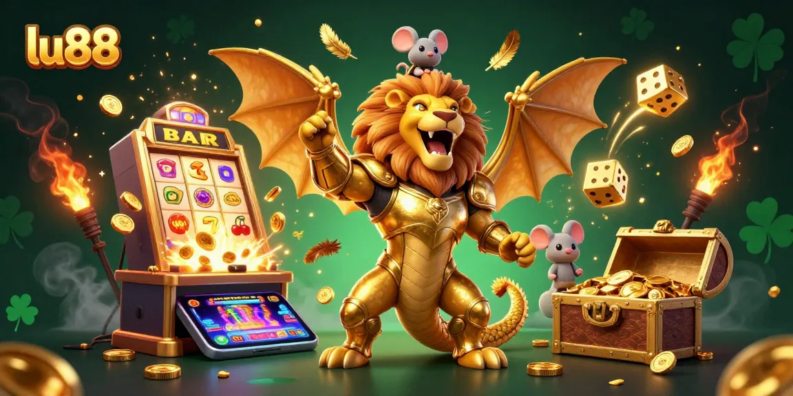 Experience the excitement of lu88 and its vibrant casino games with this dynamic 3D illustration featuring a roaring chimera and jackpot elements.