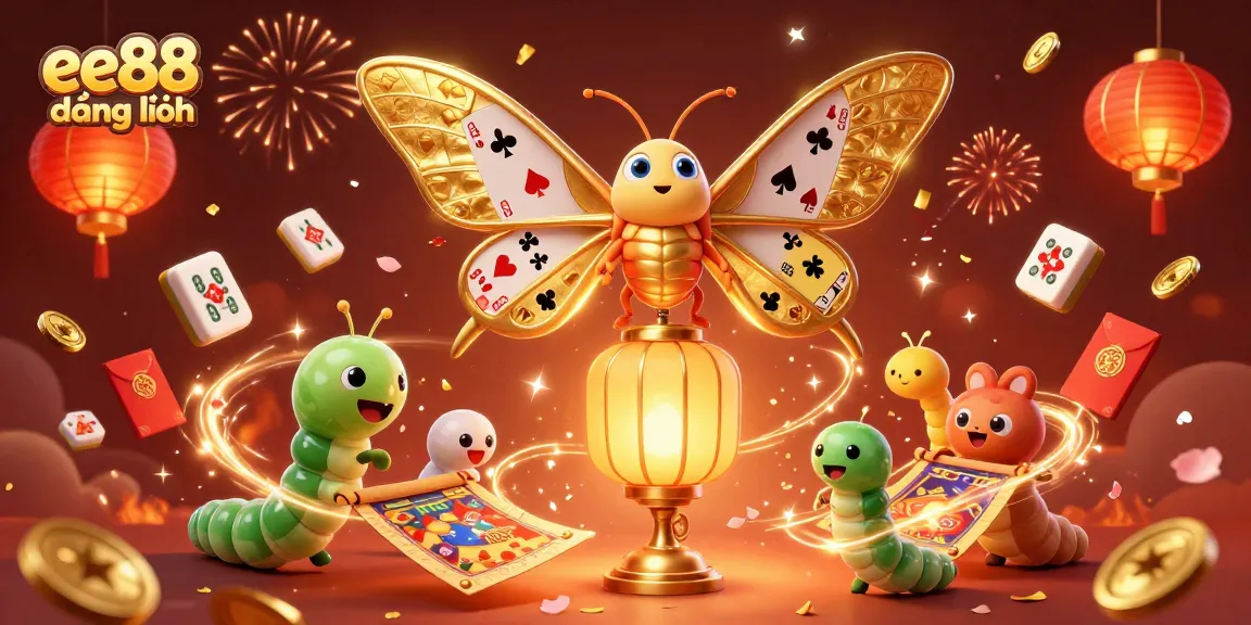 Engage with the vibrant casino scene showcasing ee88 đăng nhập with a majestic atlas moth and golden elements.