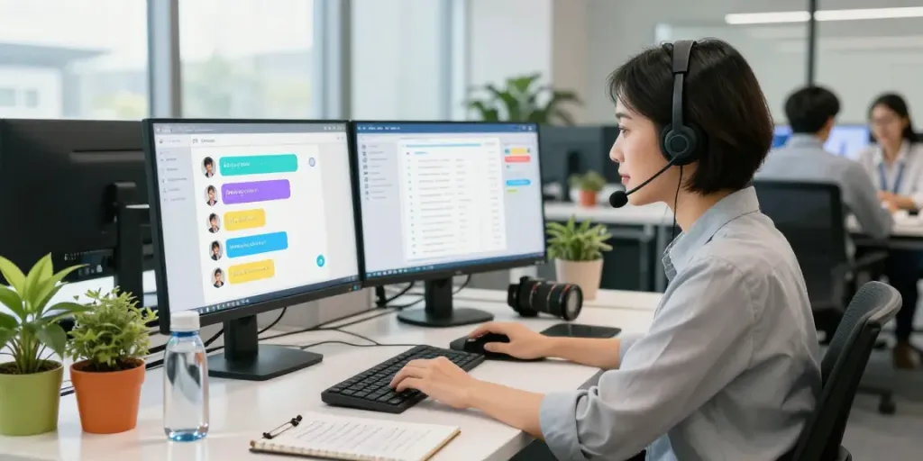 Interactive customer service chatbot interface on touchscreen in modern office.