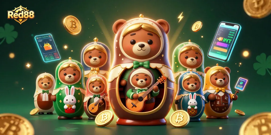 Engage with Red88 in a vibrant casino scene filled with bears and crypto elements.
