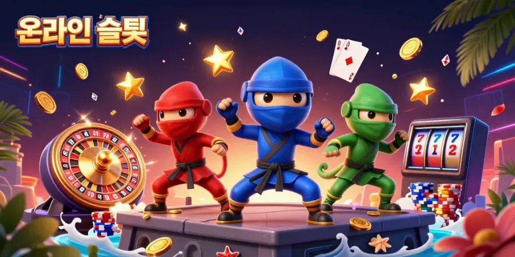 Engaging scene of 3D ninja chameleons in vibrant outfits surrounded by cascading coins, representing 온라인슬롯 excitement.