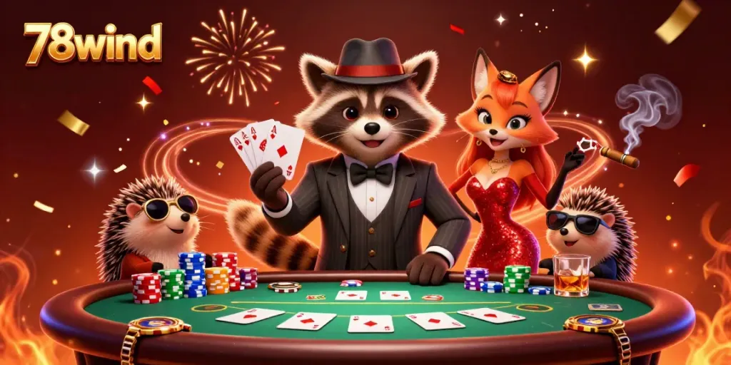 Experience 78wind through a vibrant casino scene with characters celebrating a poker victory.