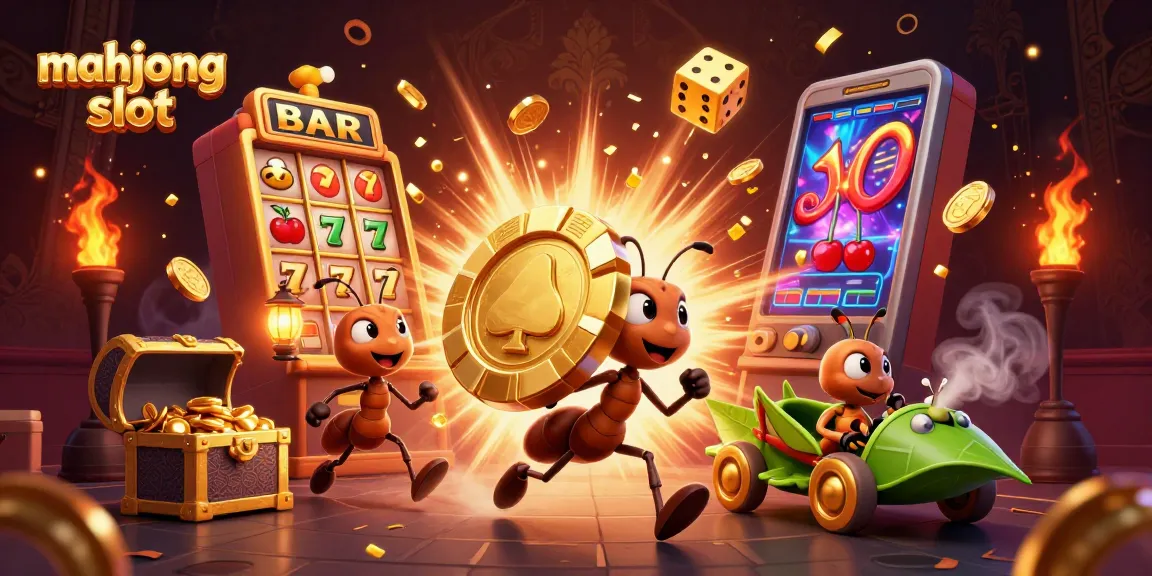 Engage with mahjong slot dynamics featuring ants and whimsical characters in a vibrant casino heist.