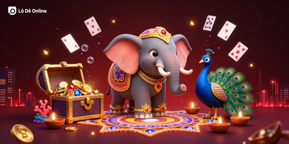 Lô Đề Online highlights a vibrant 3D cartoon illustration of a decorated elephant engaging in a thrilling gambling atmosphere.