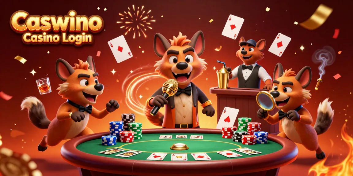 Experience the lively Caswino Casino Login scene with hyena characters leading a fun-filled comedy casino atmosphere.