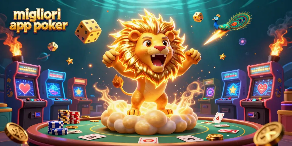 Migliori app poker per giocare a poker con una panoramica dinamica di elementi di casinò e un leone solare trionfante.