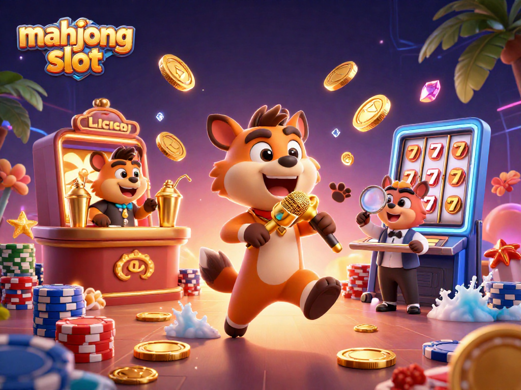 Slot Mahjong yang memikat dengan koin emas bertebaran dan karakter lucu dalam suasana kasino.