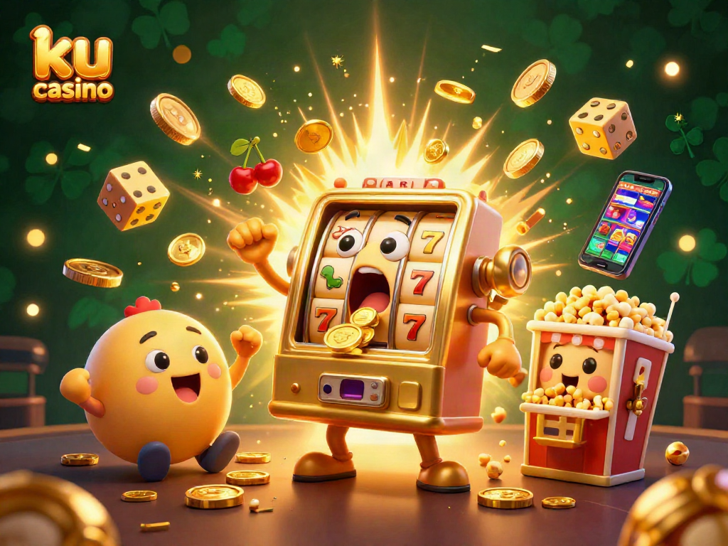 Experience excitement at ku casino with vibrant jackpots and cheering slot machines in a dynamic 3D scene.