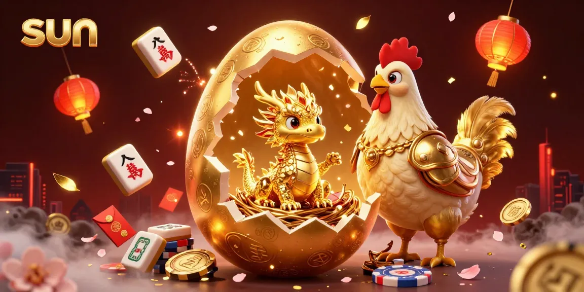 Play with the sun at a lively casino featuring a golden dragon and poker chips amidst vibrant Chinese elements.