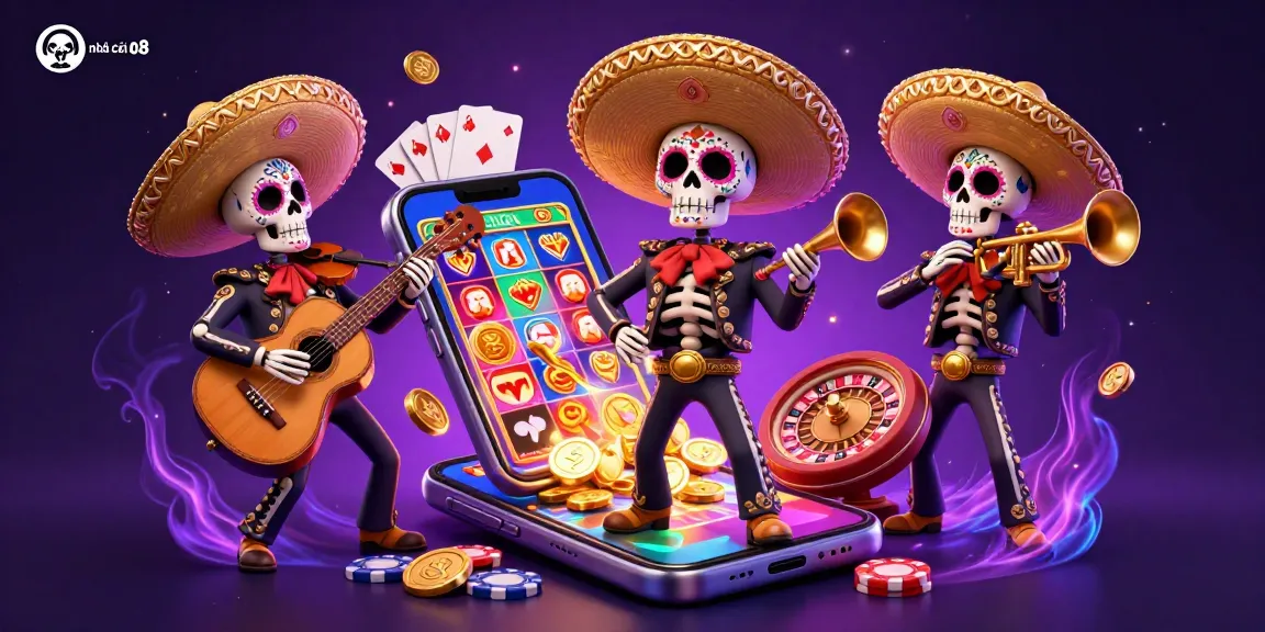 Engage with nhà cái o8's thrilling 3D illustration featuring a mariachi band amid casino games and vibrant animations.