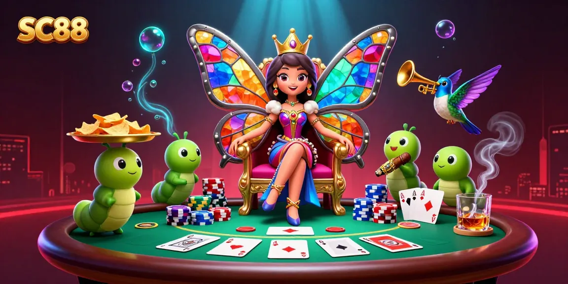 Experience the excitement of SC88 with a vibrant butterfly queen in a dynamic casino scene.