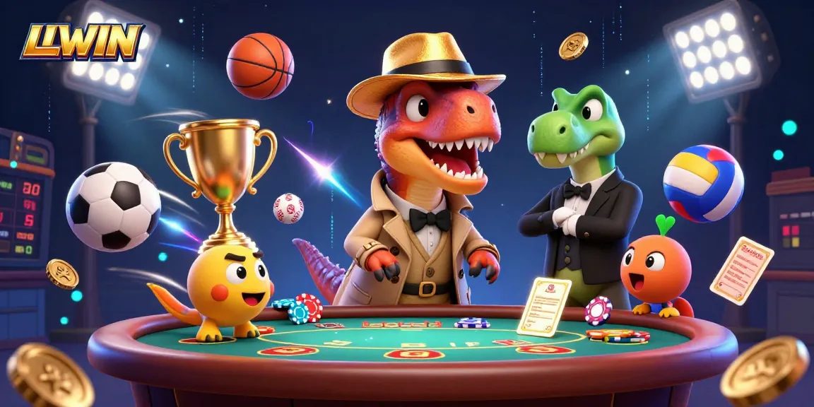 LLWIN velociraptor card counter and stegosaurus pit boss at an energetic casino scene.