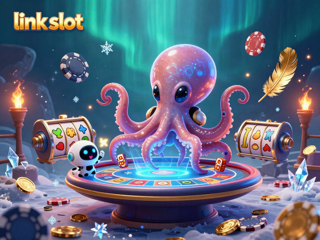 Engage in thrilling gaming action at link slot with 3D alien octopus and poker table in vibrant casino environment.