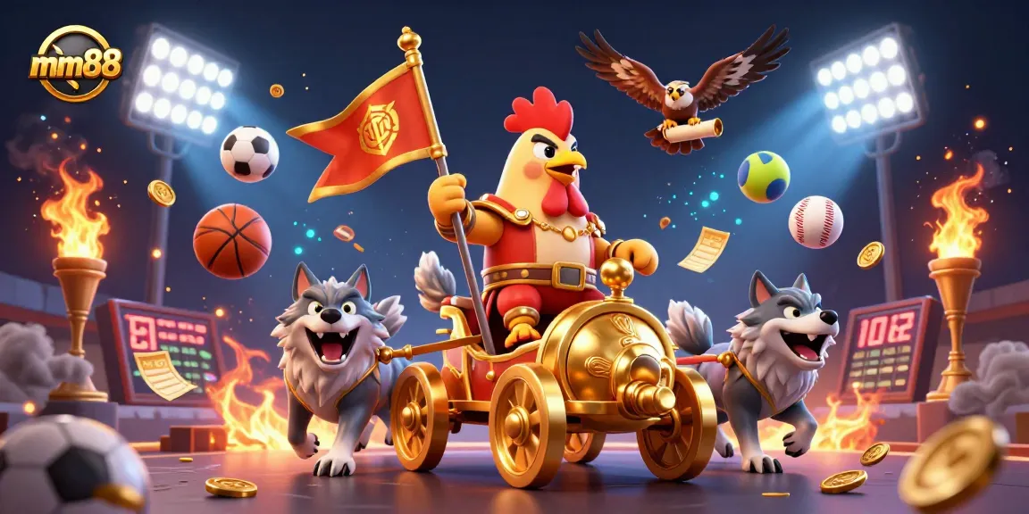 Engage with mm88's thrilling challenge featuring a regal rooster warrior, dynamic sports elements, and captivating casino atmosphere.