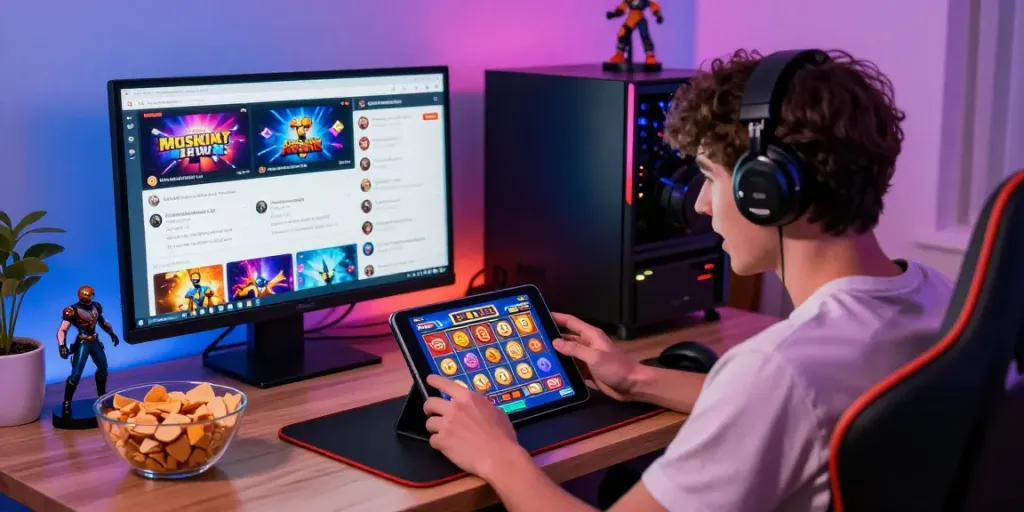 Player immersed in KING999 slot gaming at home with vibrant lights and gaming paraphernalia.