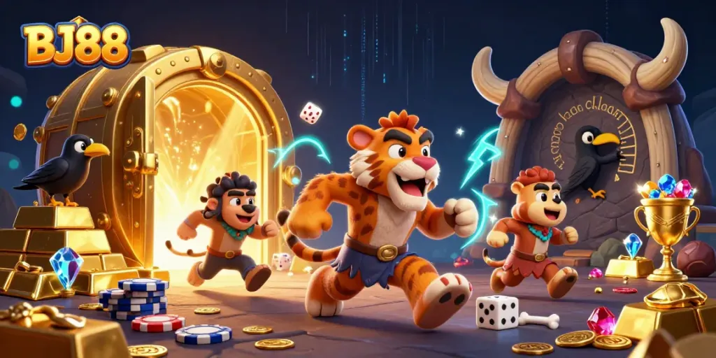 Experience the excitement of BJ88 casino with this vibrant 3D digital illustration showcasing a prehistoric gambling scene.