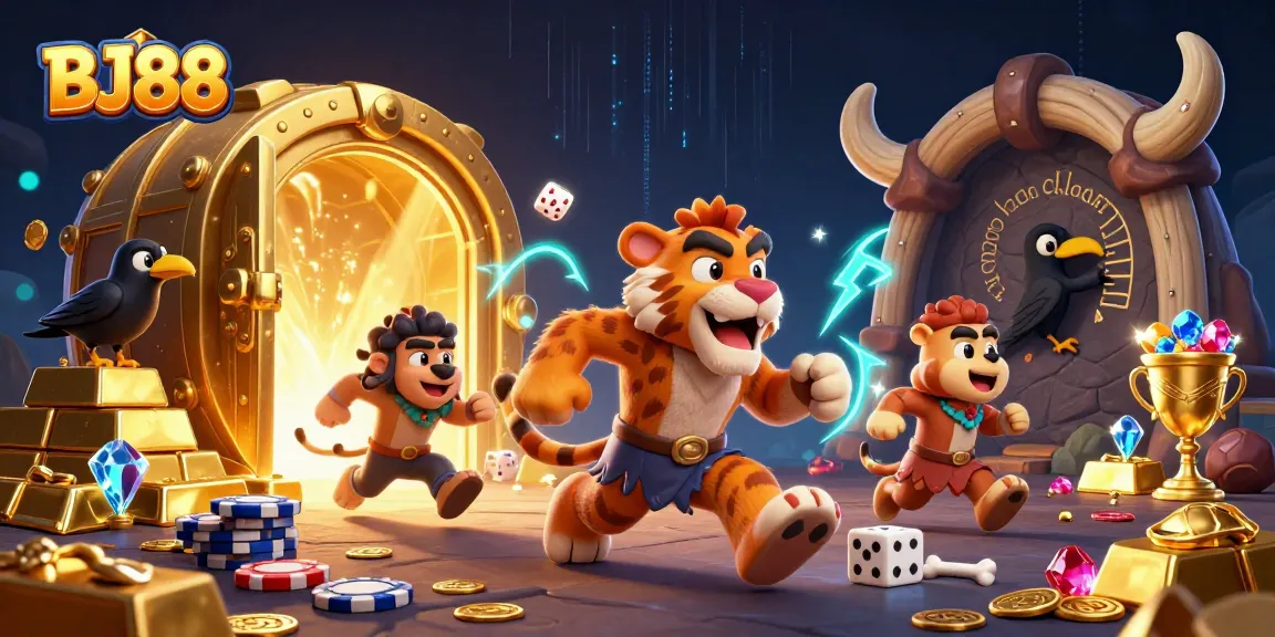 Experience the excitement of BJ88 casino with this vibrant 3D digital illustration showcasing a prehistoric gambling scene.
