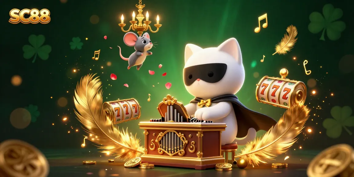 SC88 players spin jackpot reels in a vibrant casino scene with a musical twist.