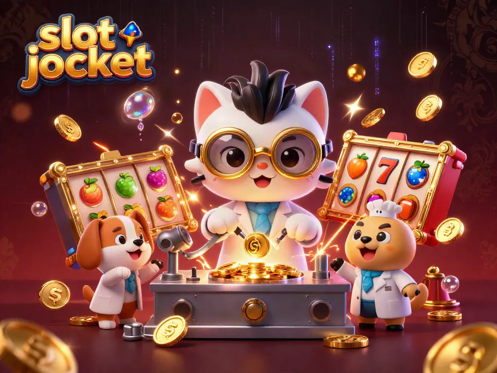Experience thrilling slot jackpots with a mad scientist cat and loyal dog in a casino-themed lab.