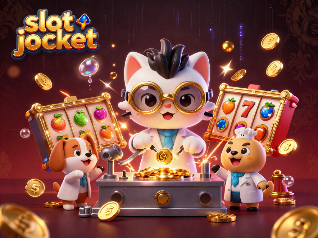 Experience thrilling slot jackpots with a mad scientist cat and loyal dog in a casino-themed lab.