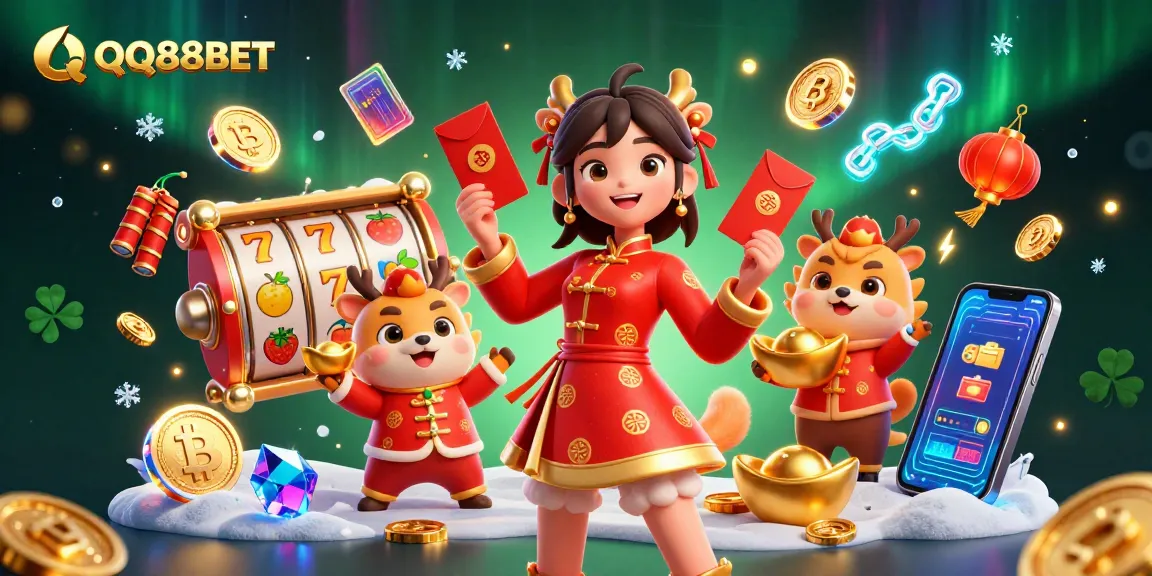 Experience gaming excitement with QQ888BET as vibrant characters celebrate with a rich array of slot symbols.