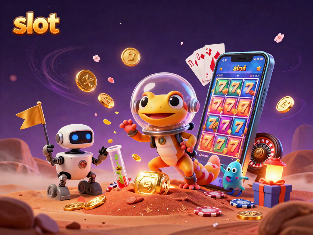 Experience the thrill of slot gaming with a Martian gecko and vibrant casino elements in a dynamic cosmic scene.