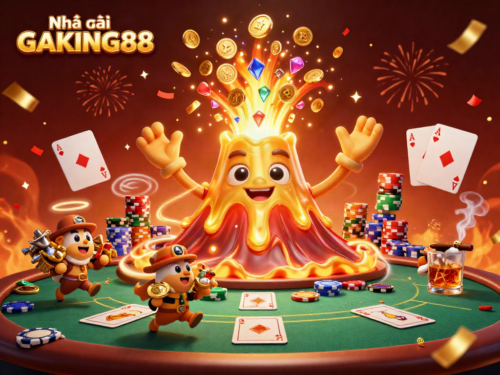 Create an exciting visual of Nhà cái GAKING88 featuring a golden volcano erupting coins and animals claiming treasure