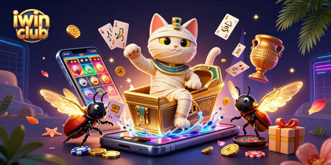 Play exciting games at iwin club with a 3D cartoon Egyptian mummy cat and vibrant casino elements.