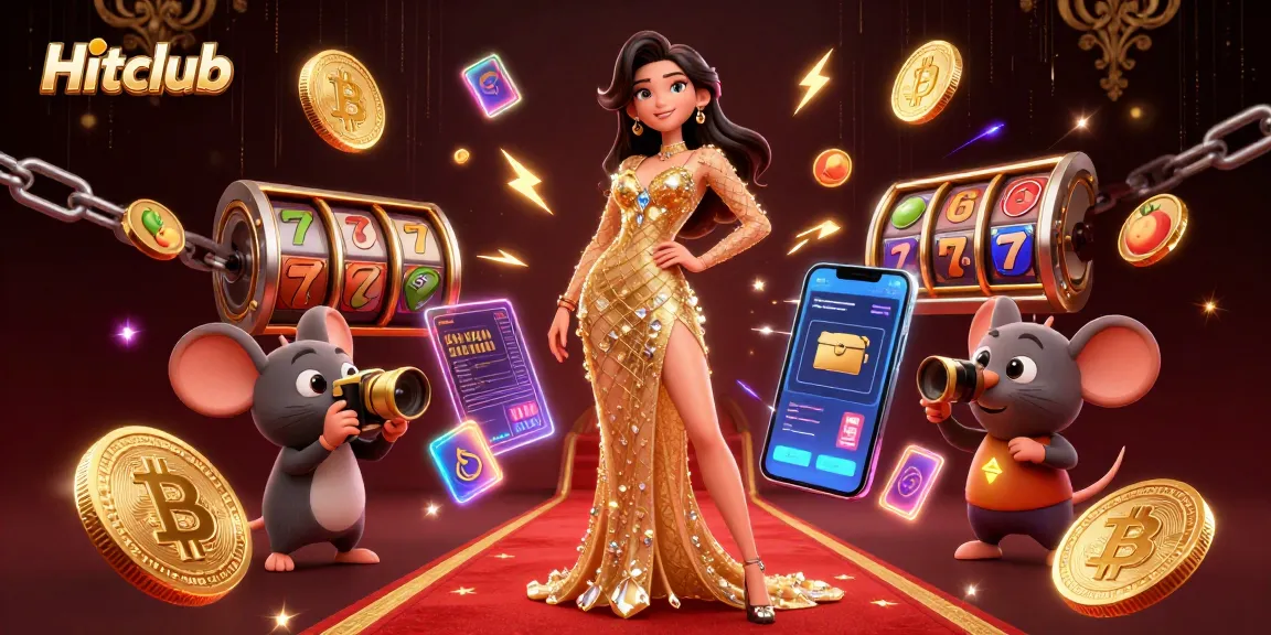 Hitclub offers thrilling jackpot excitement with a golden icon-themed dynamic casino illustration.
