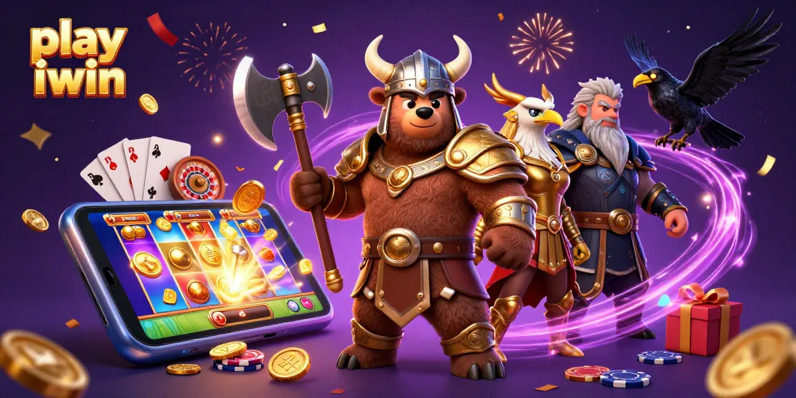 Play iwin with immersive 3D illustration featuring dynamic casino elements and characters.