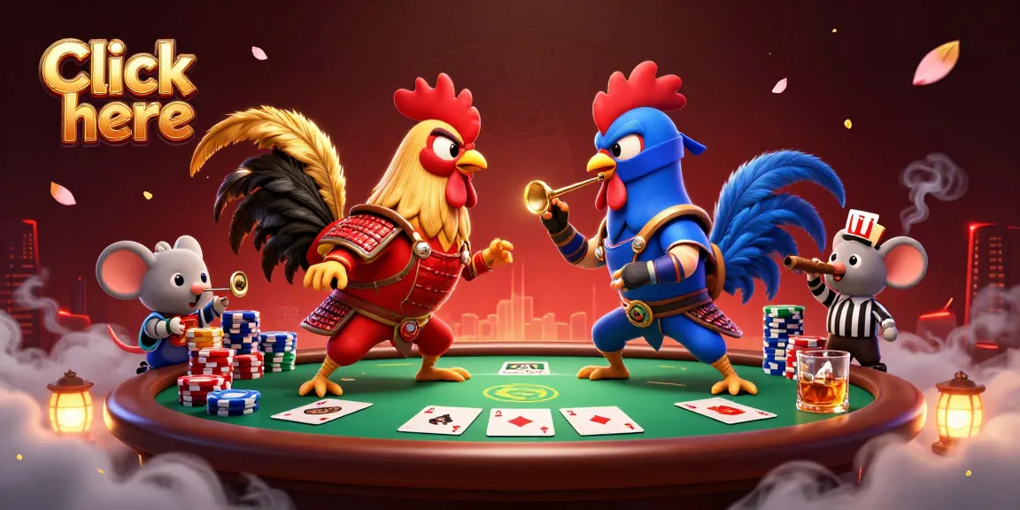 Click here showcases a thrilling standoff between samurai and ninja roosters at a poker table.
