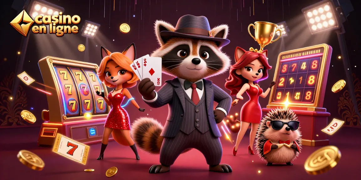 Jouer au casino en ligne avec un raton laveur en costume, une renarde, et un hérisson dans une scène dynamique remplie de jeux et d'éléments de jeu.