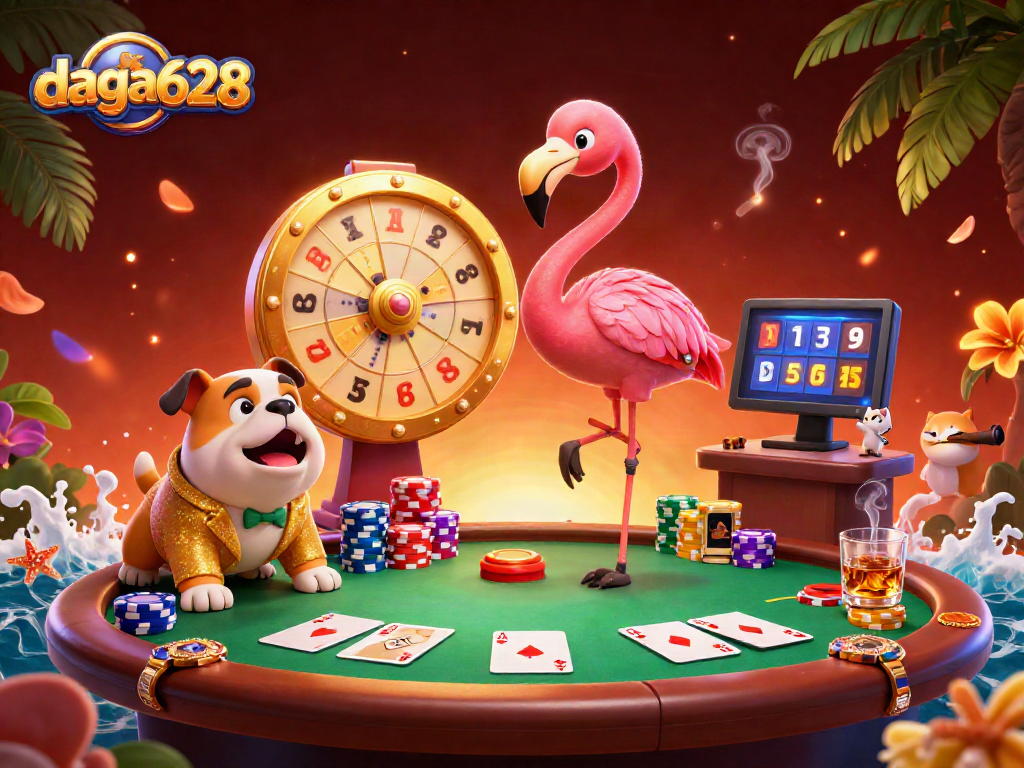 daga628 sparks excitement with a game show host flamingo and bulldog contestant in a vibrant casino scene.