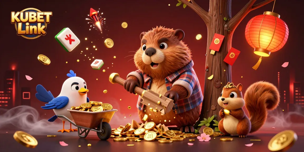 KUBET Link showcases a vibrant 3D casino scene with whimsical characters collecting golden coins and festive elements.