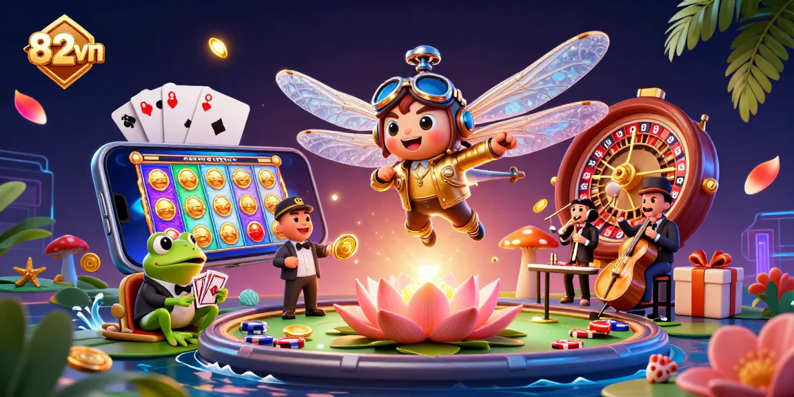 Experience the excitement at 82vn casino with engaging dragonfly pilot and frog croupier dealing cards.